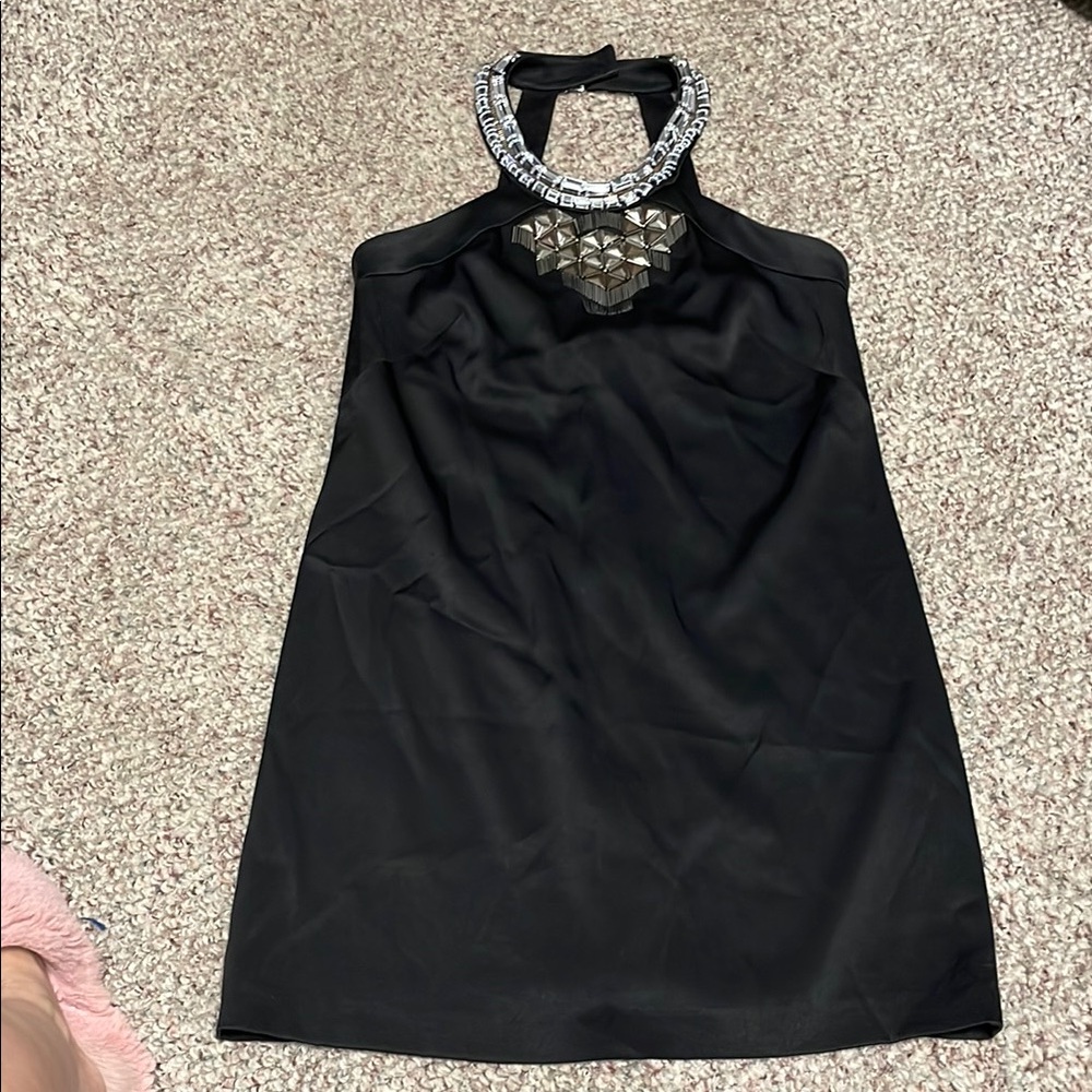 Bebe satin Halter Dress with diamond collar Neckline
